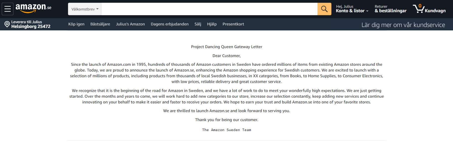 Amazon Svezia messaggio agli utenti